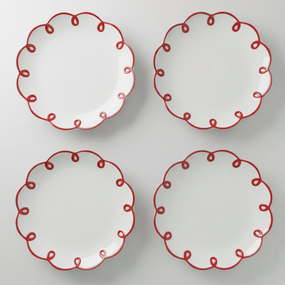 Anthropologie Red Scalloped Dessert Plates Set of 4 Ceramic Holiday NWOT - Picture 3 of 4